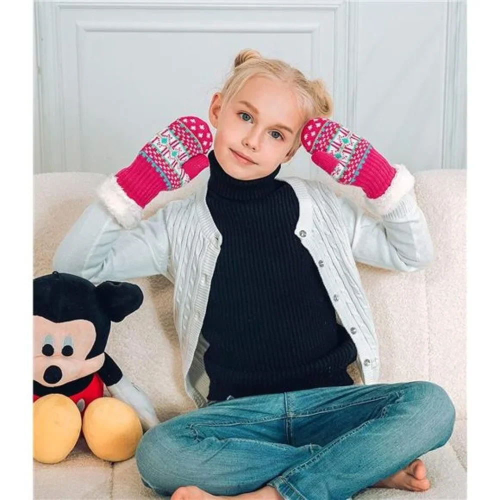 3 Pairs Kids' Sherpa Lined Knit Mittens Boys Girls Winter Gloves